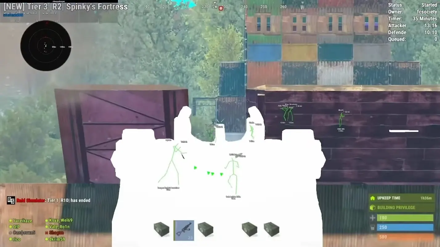 Rust raid ESP showing player skeletons and weapon tags through a container base